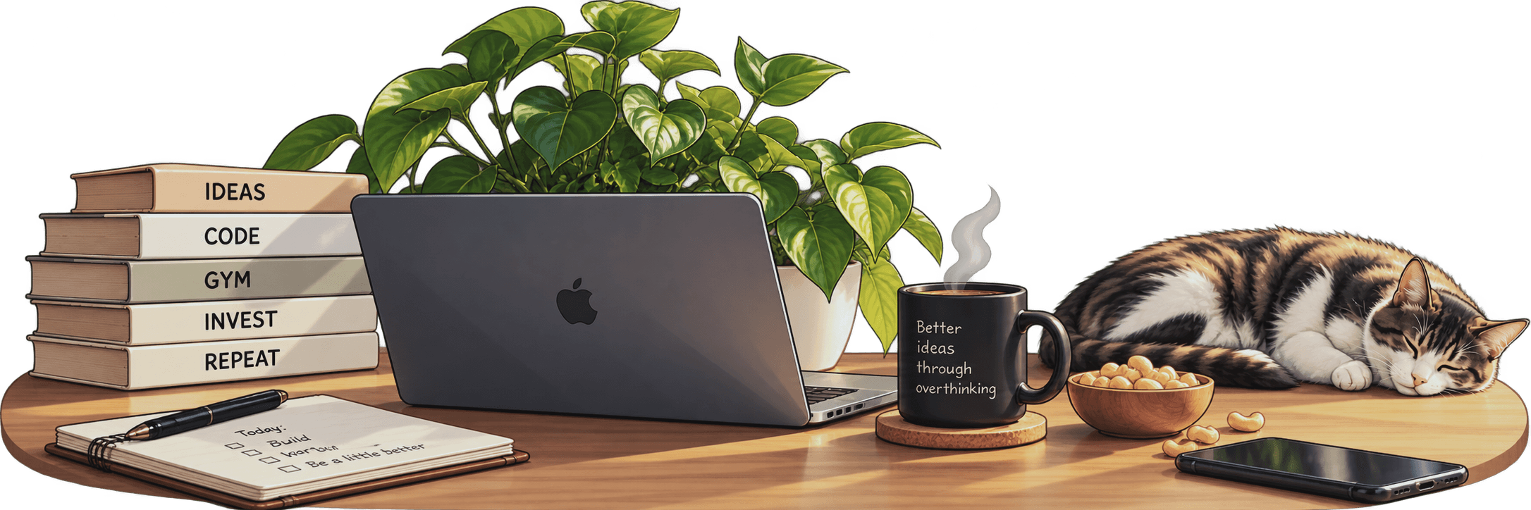 Minimalist workspace with books IDEAS CODE GYM INVEST, laptop with code, plant, and sleeping cat Cashew
